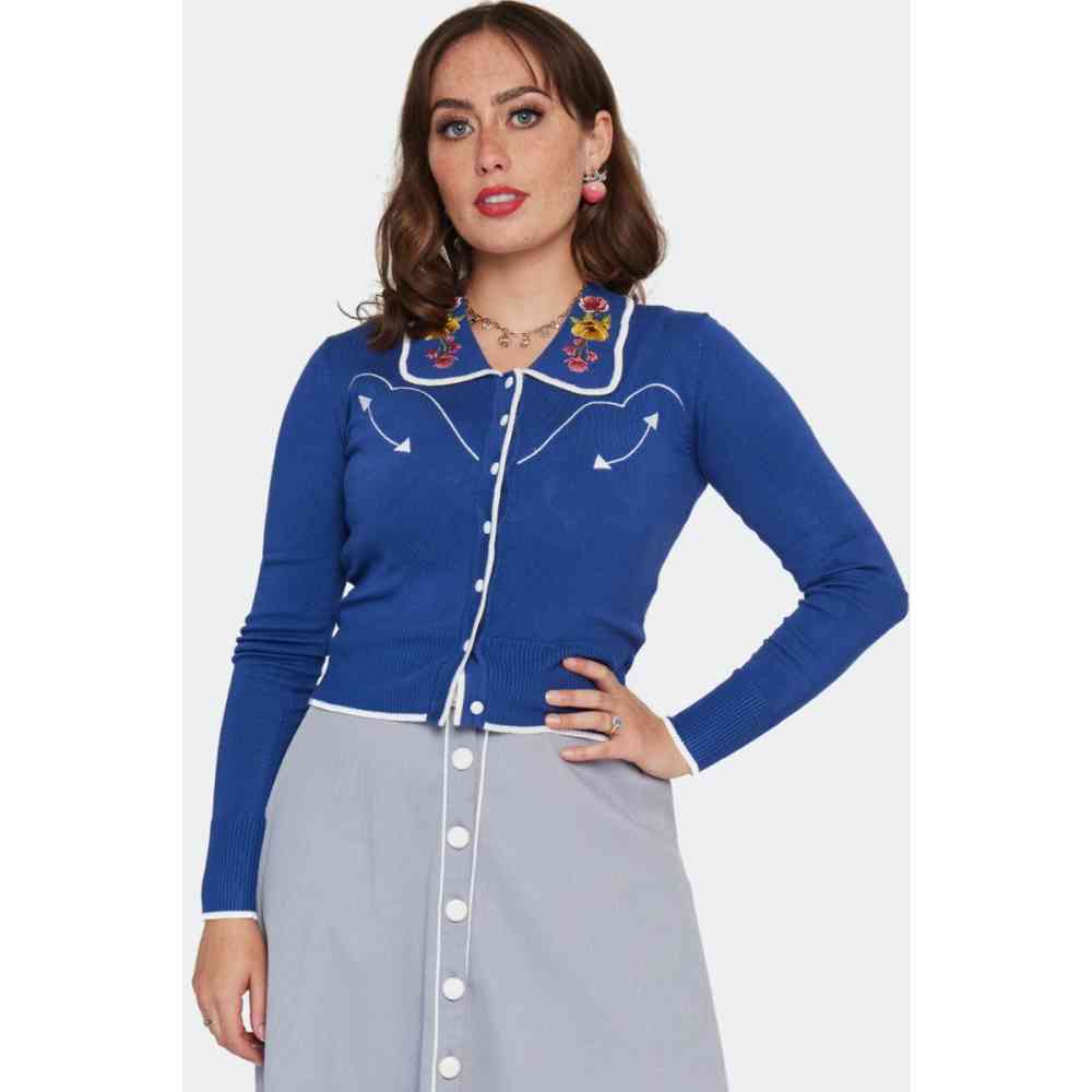 Voodoo Vixen - Floral Western Contrast Piping Cardigan - Blauw
